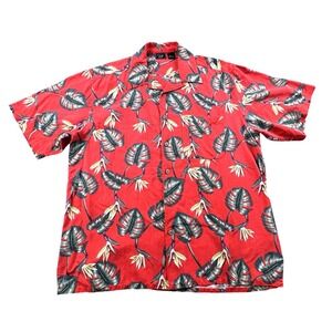 WF 100%‎ Silk Hawaiian Camp Shirt Mens L Red Tropical Leaf Print Short Sleeve